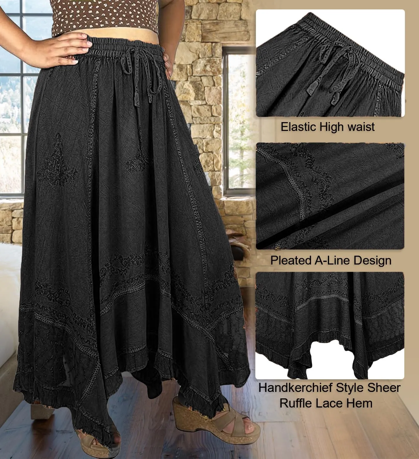 18 6027 SKT Medieval Embroidered Rich Heavy Netted Lace Elastic Waistband Uneven Skirt