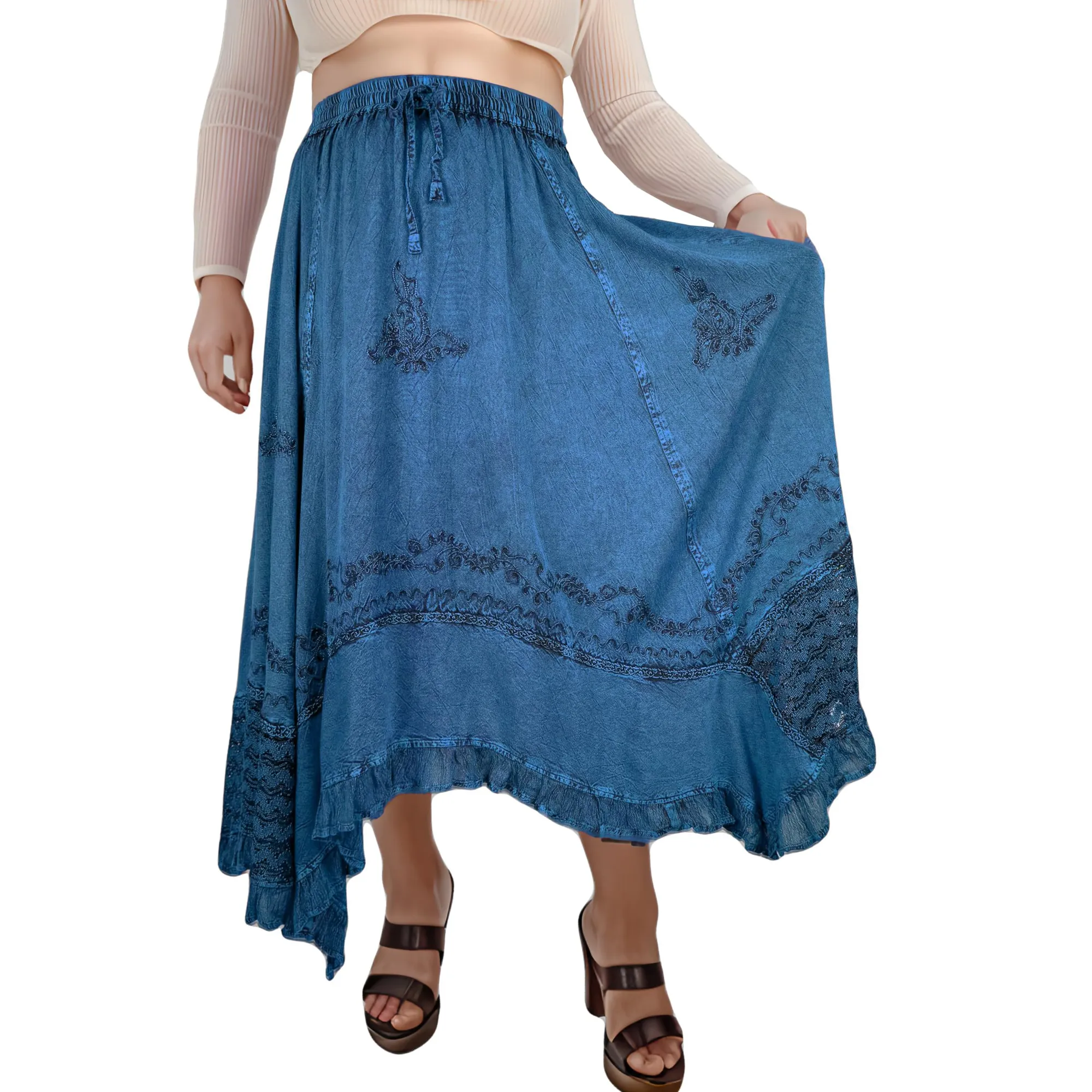 18 6027 SKT Medieval Embroidered Rich Heavy Netted Lace Elastic Waistband Uneven Skirt