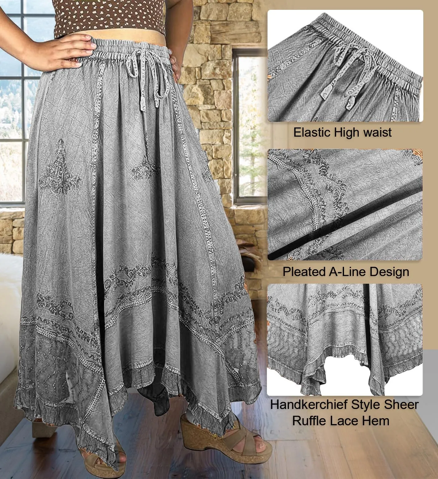 18 6027 SKT Medieval Embroidered Rich Heavy Netted Lace Elastic Waistband Uneven Skirt