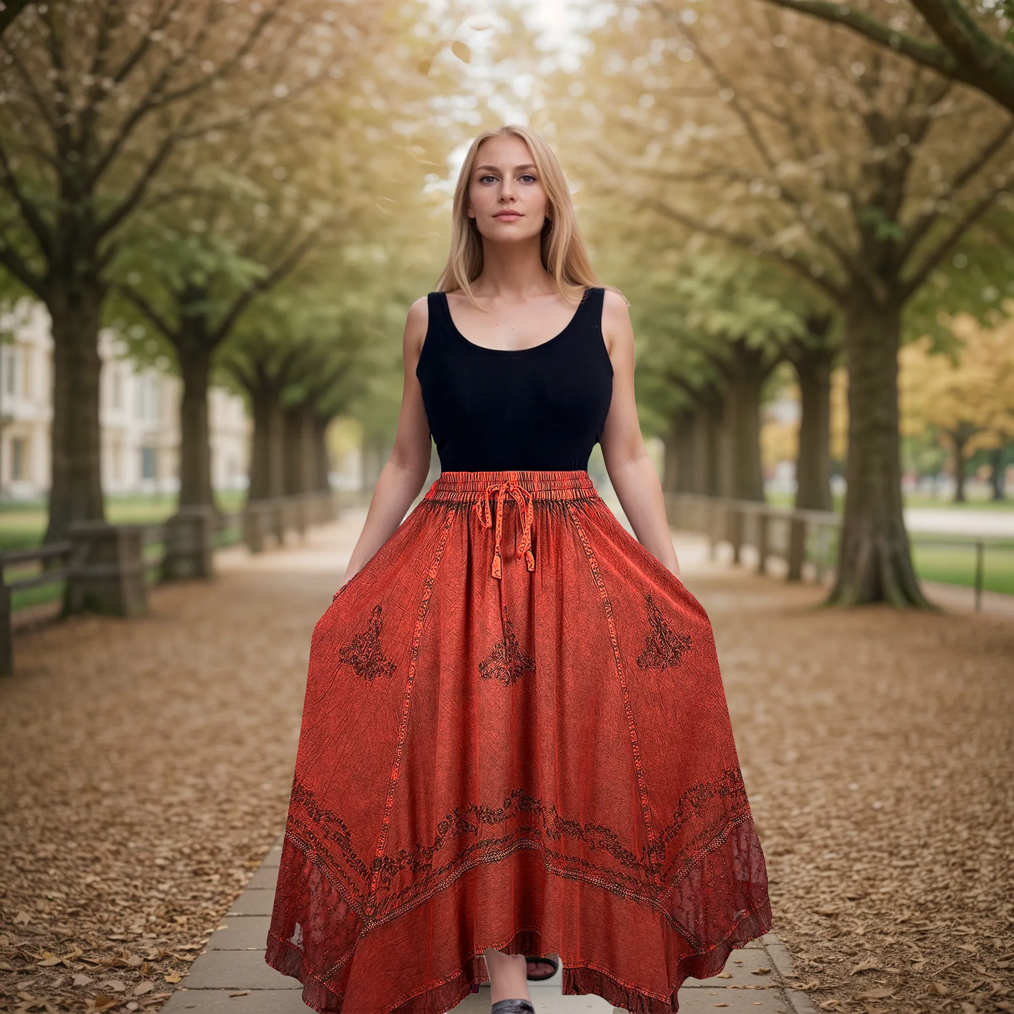 18 6027 SKT Medieval Embroidered Rich Heavy Netted Lace Elastic Waistband Uneven Skirt