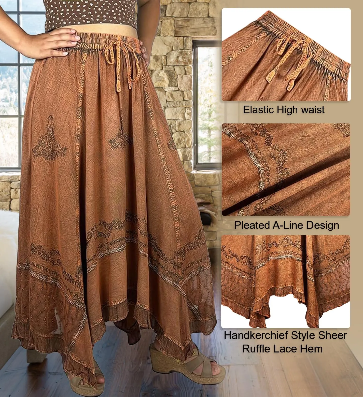 18 6027 SKT Medieval Embroidered Rich Heavy Netted Lace Elastic Waistband Uneven Skirt