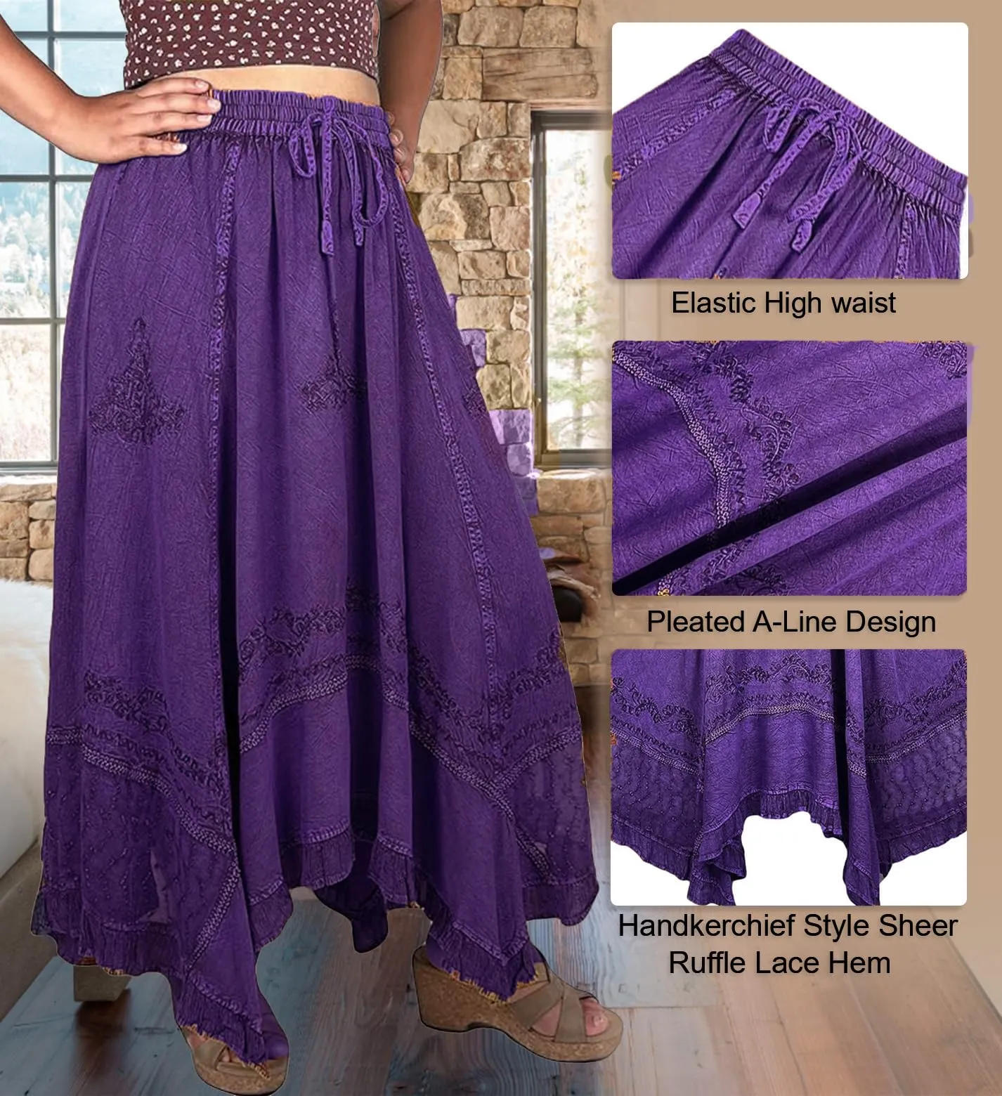 18 6027 SKT Medieval Embroidered Rich Heavy Netted Lace Elastic Waistband Uneven Skirt