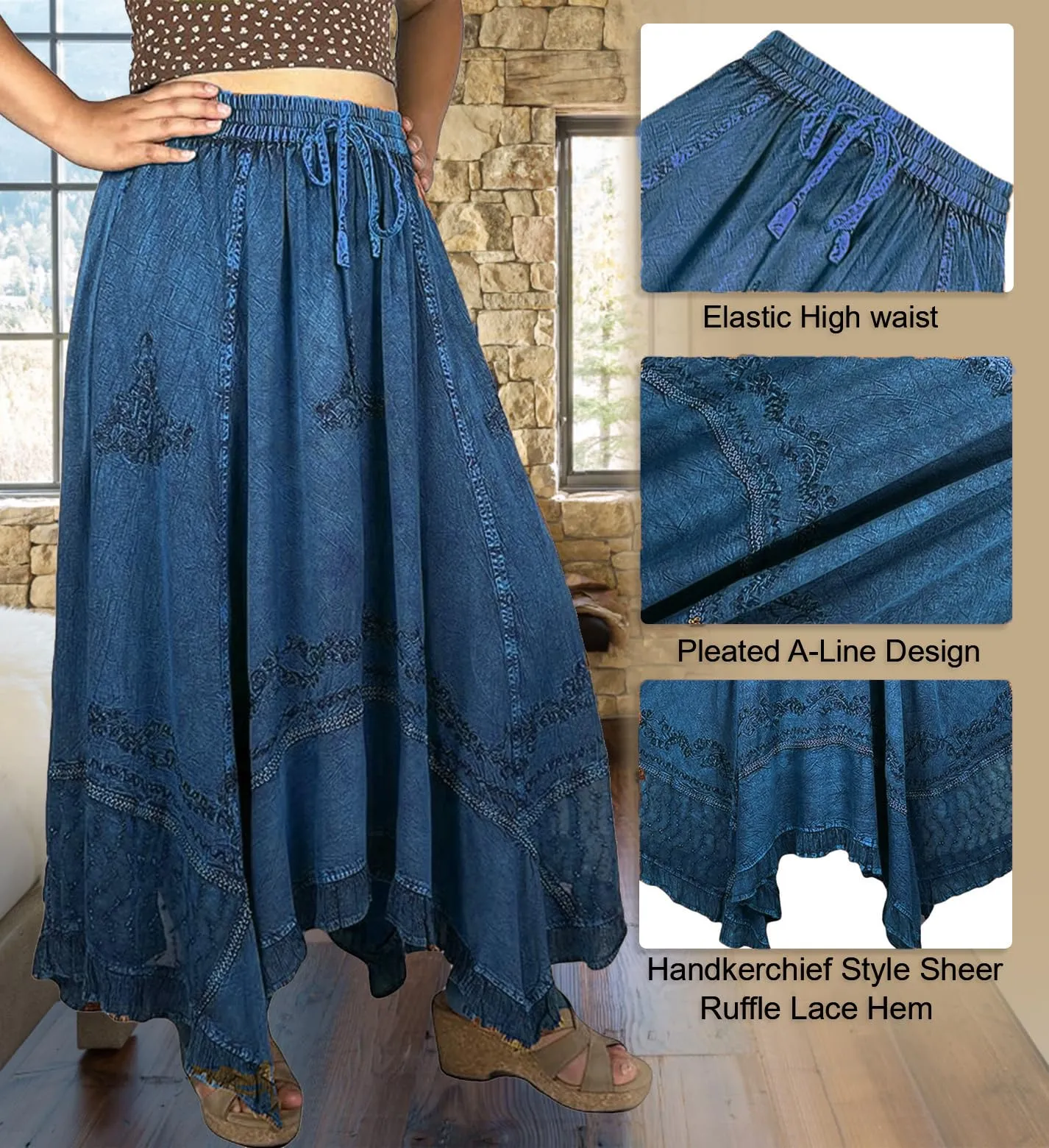 18 6027 SKT Medieval Embroidered Rich Heavy Netted Lace Elastic Waistband Uneven Skirt