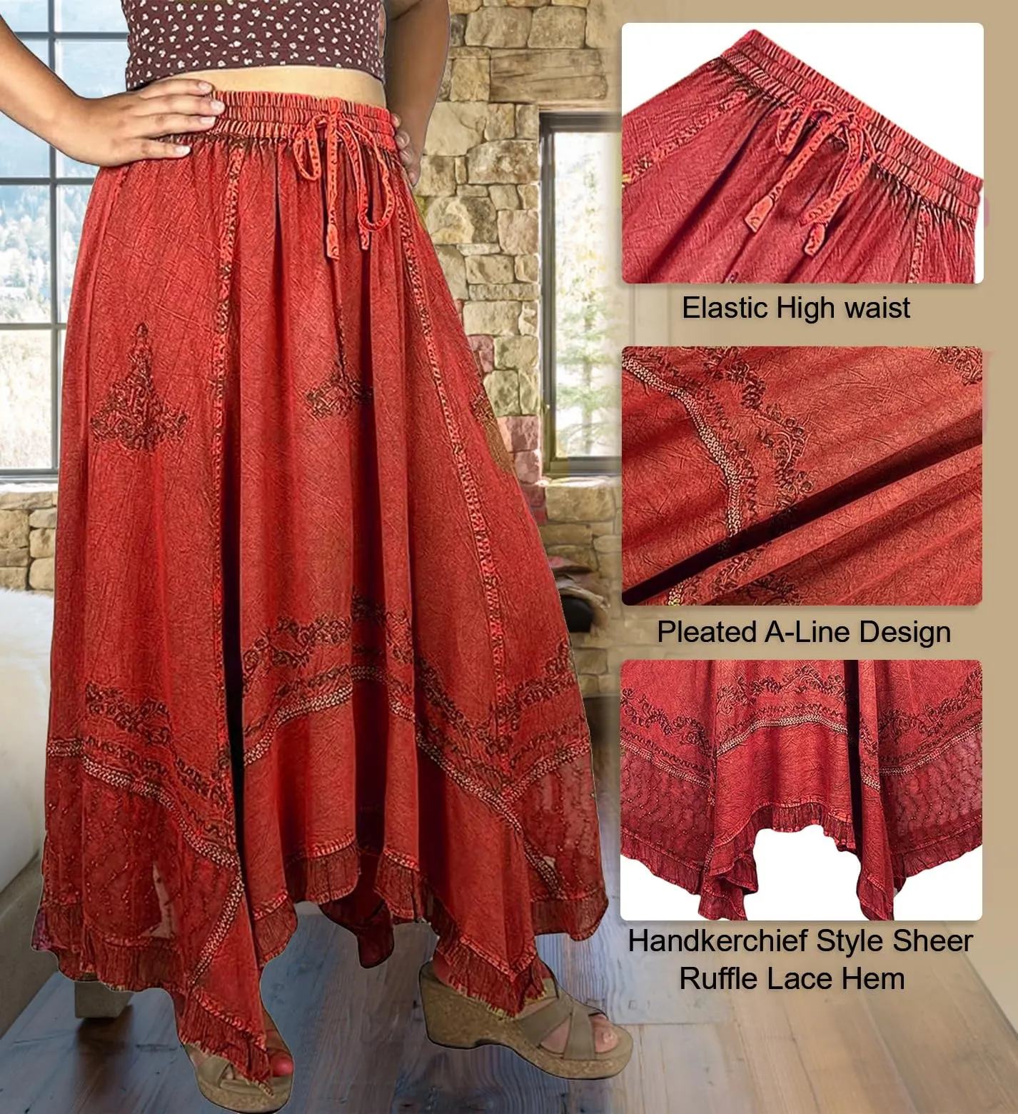 18 6027 SKT Medieval Embroidered Rich Heavy Netted Lace Elastic Waistband Uneven Skirt