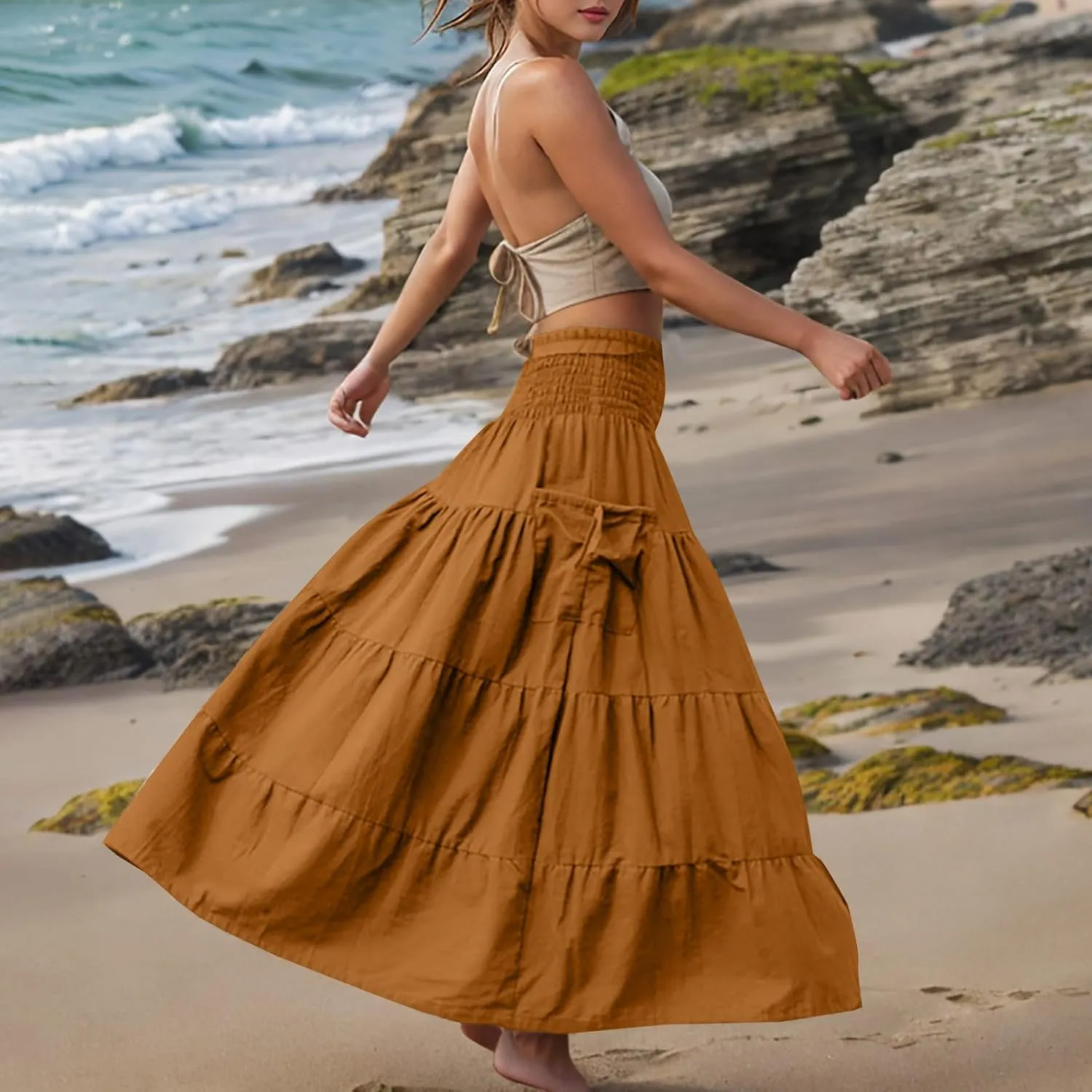 2025 Summer Womens Boho Maxi Skirts Casual Loose Pleated Long Skirts with Pockets Fashion Stretch Ruffle A Line Skirt