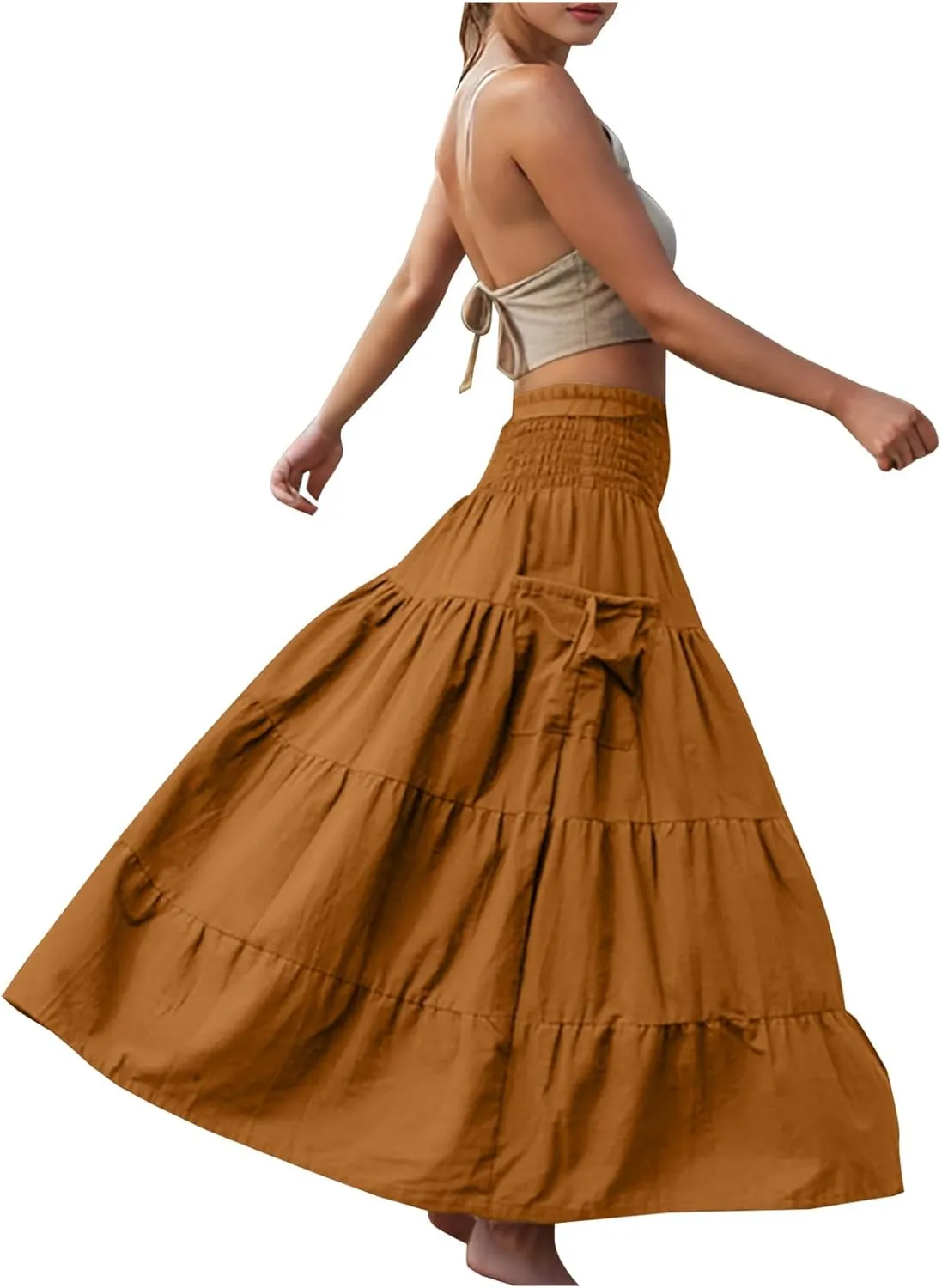 2025 Summer Womens Boho Maxi Skirts Casual Loose Pleated Long Skirts with Pockets Fashion Stretch Ruffle A Line Skirt