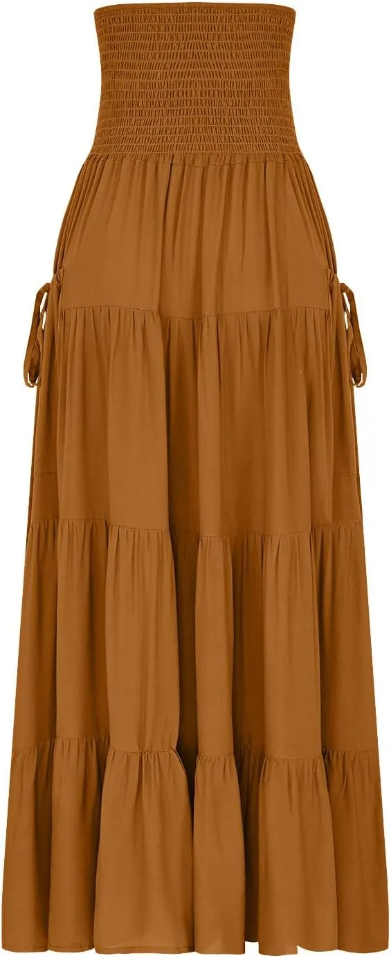 2025 Summer Womens Boho Maxi Skirts Casual Loose Pleated Long Skirts with Pockets Fashion Stretch Ruffle A Line Skirt