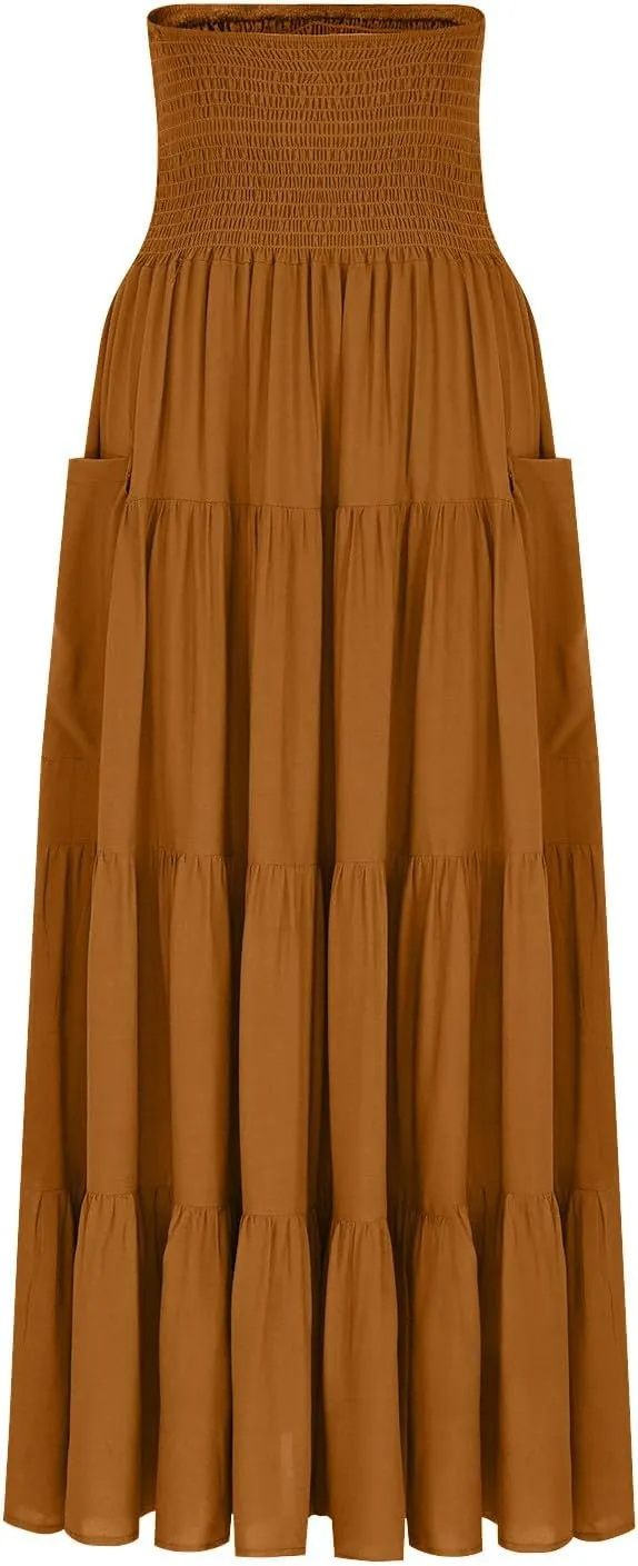 2025 Summer Womens Boho Maxi Skirts Casual Loose Pleated Long Skirts with Pockets Fashion Stretch Ruffle A Line Skirt