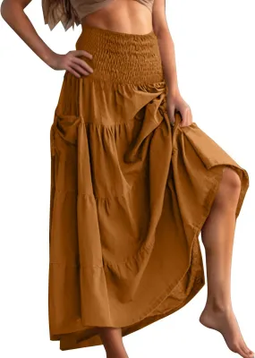 2025 Summer Womens Boho Maxi Skirts Casual Loose Pleated Long Skirts with Pockets Fashion Stretch Ruffle A Line Skirt