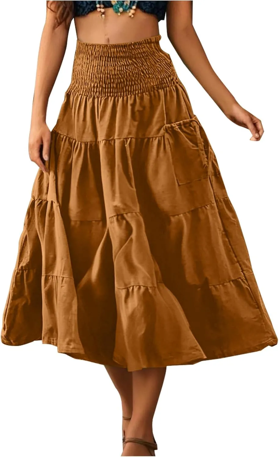 2025 Summer Womens Boho Maxi Skirts Casual Loose Pleated Long Skirts with Pockets Fashion Stretch Ruffle A Line Skirt