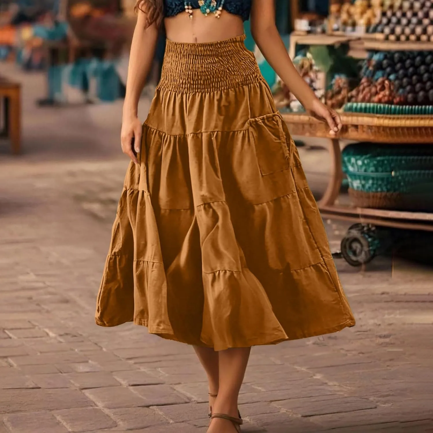 2025 Summer Womens Boho Maxi Skirts Casual Loose Pleated Long Skirts with Pockets Fashion Stretch Ruffle A Line Skirt