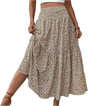 Boho Skirts for Women - High Waisted Floral Maxi Skirt with Pockets, Elastic Waist Flowy Beach Vacation Dress