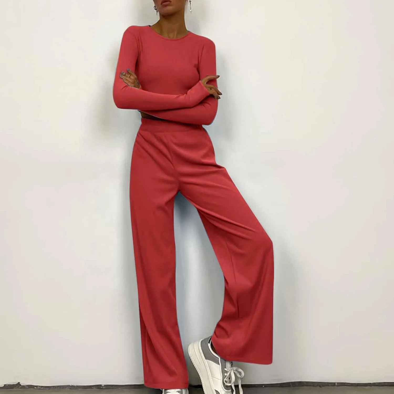 Casual 2 Piece Sets Women Fall Outfits Knit Long Sleeve Crop Top Wide Leg Pant Matching Lounge Set Tracksuit Sweatsuit