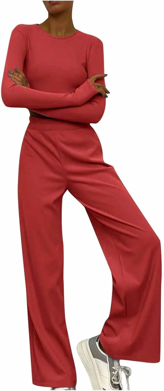 Casual 2 Piece Sets Women Fall Outfits Knit Long Sleeve Crop Top Wide Leg Pant Matching Lounge Set Tracksuit Sweatsuit