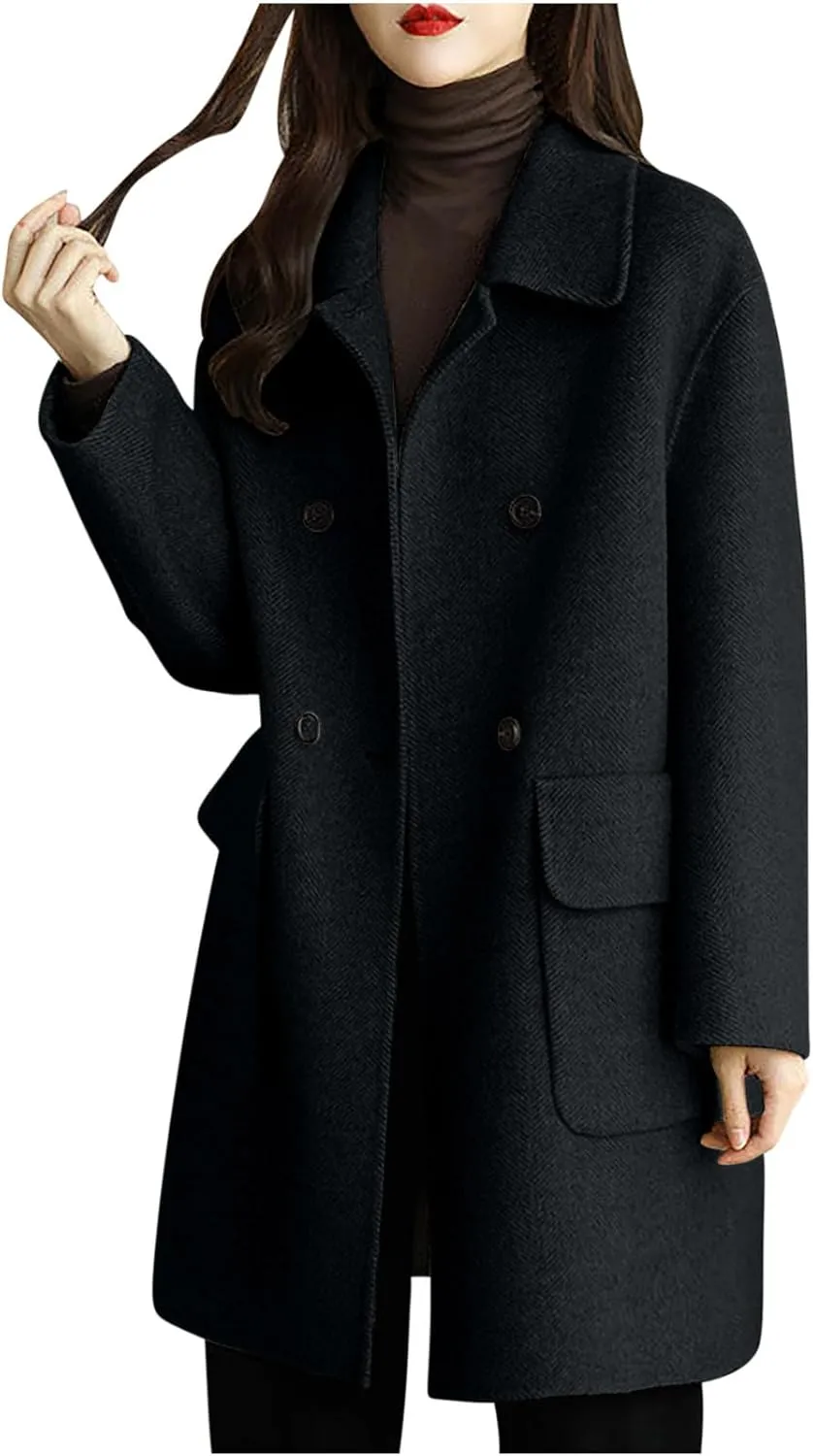 Coats for Women Trendy Double Breasted Wool Blend Overcoat Fall Winter Mid-Long Blazers Notched Lapel Trench Coats