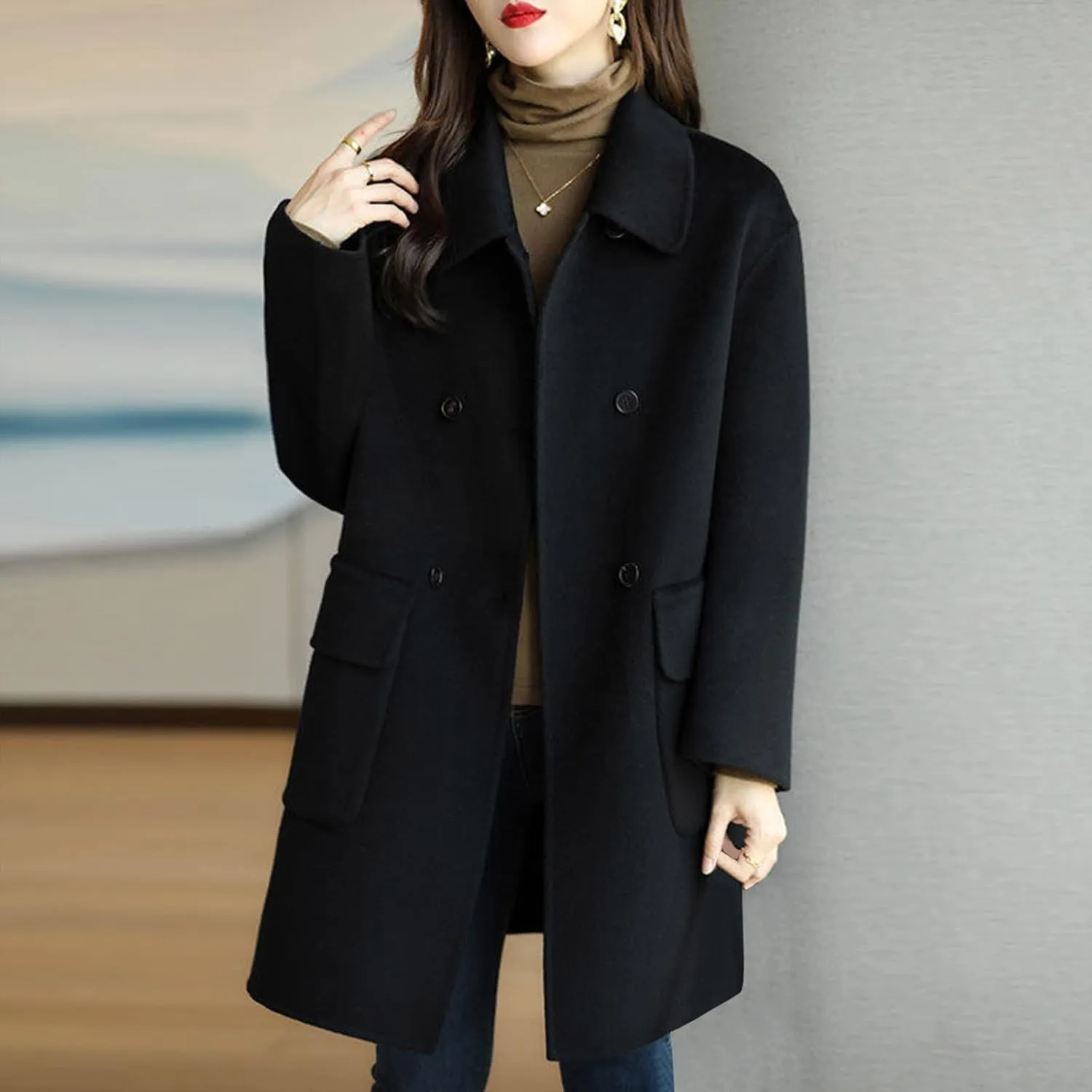 Coats for Women Trendy Double Breasted Wool Blend Overcoat Fall Winter Mid-Long Blazers Notched Lapel Trench Coats
