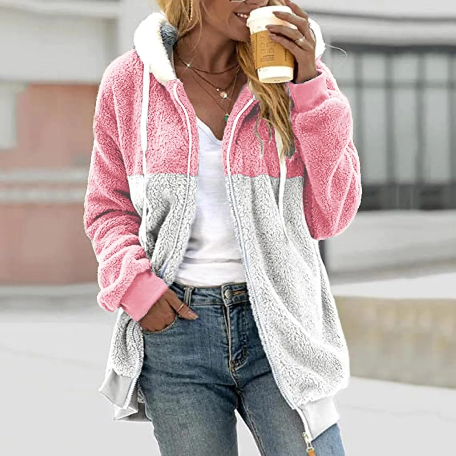 Coats for Women, Women's Fashion Casual Loose Plush Striped Zipper Long Sleeve Stitching Hooded Jacket Coat