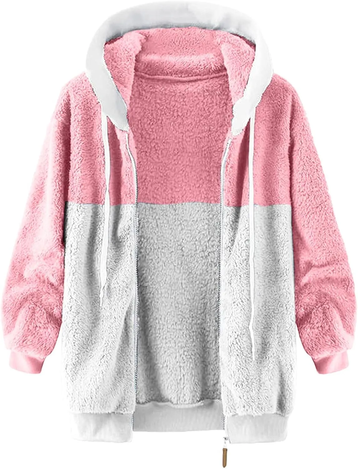 Coats for Women, Women's Fashion Casual Loose Plush Striped Zipper Long Sleeve Stitching Hooded Jacket Coat