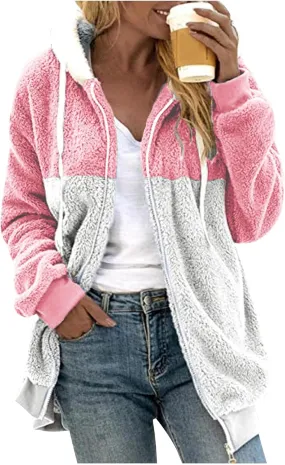 Coats for Women, Women's Fashion Casual Loose Plush Striped Zipper Long Sleeve Stitching Hooded Jacket Coat
