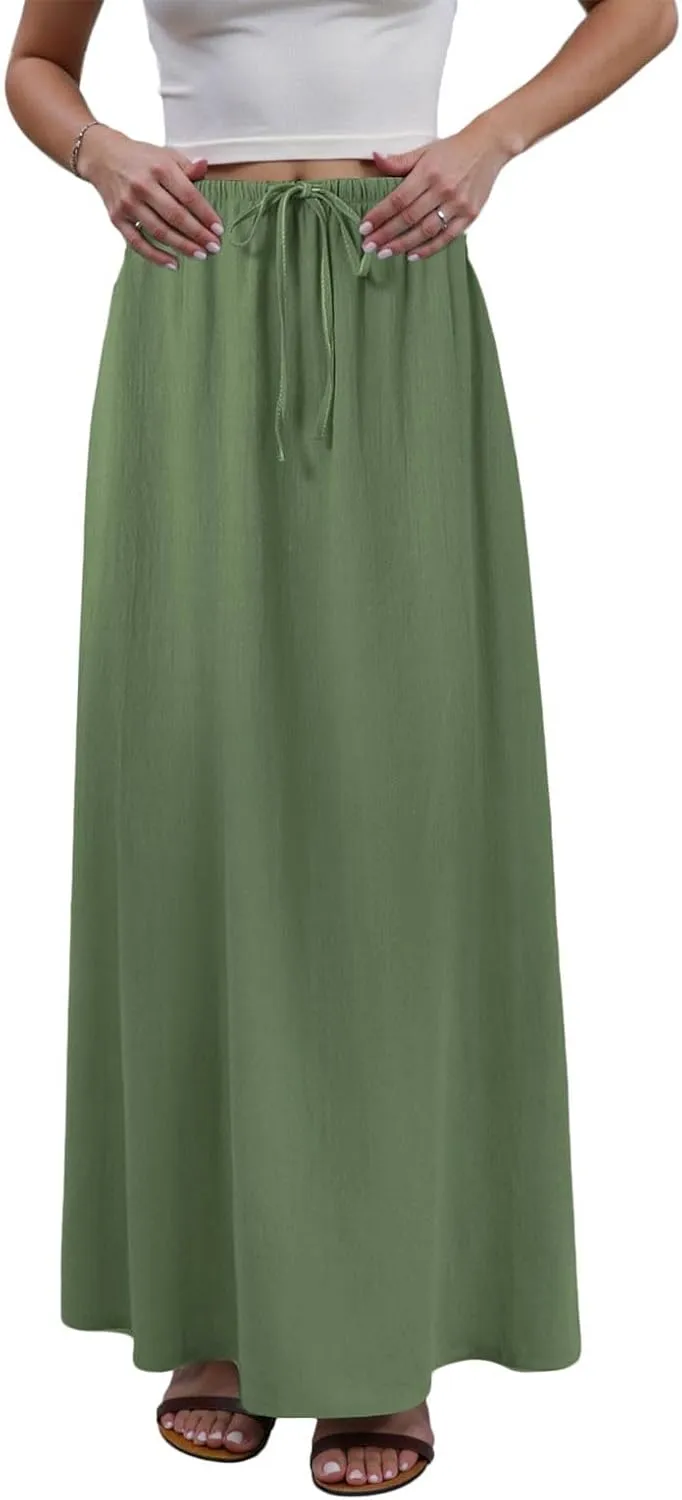cooki Linen Flared Maxi Skirts for Women Trendy 2025 Vacation Summer Elastic Waist Drawstring Long Flowy Ankle-Length Skirt