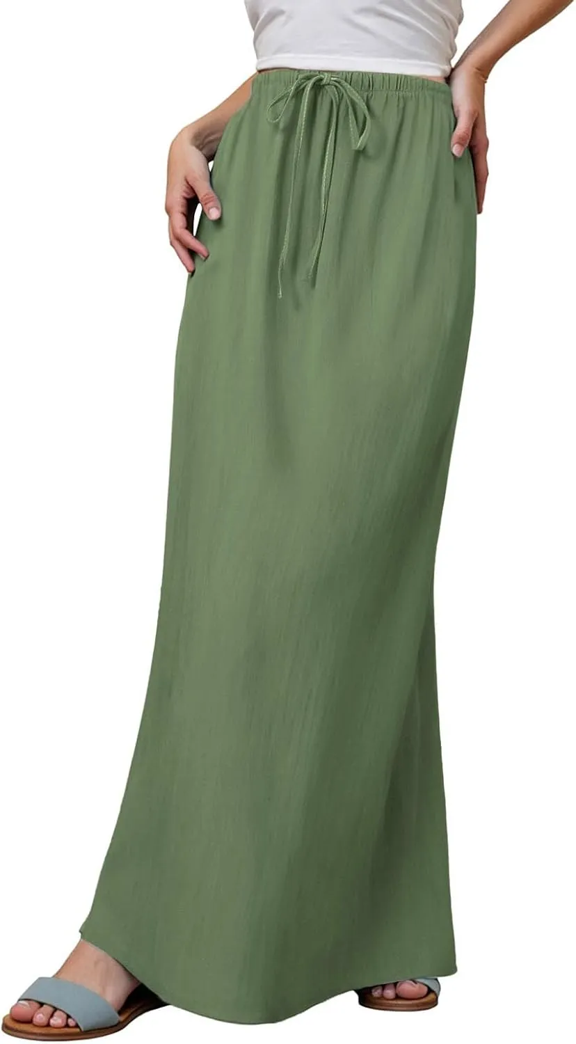 cooki Linen Flared Maxi Skirts for Women Trendy 2025 Vacation Summer Elastic Waist Drawstring Long Flowy Ankle-Length Skirt