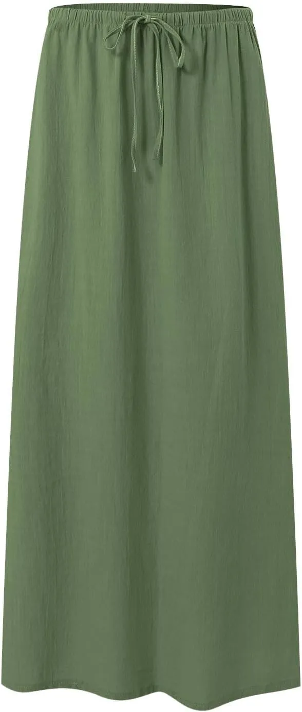 cooki Linen Flared Maxi Skirts for Women Trendy 2025 Vacation Summer Elastic Waist Drawstring Long Flowy Ankle-Length Skirt