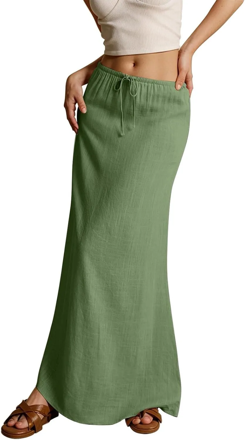 cooki Linen Flared Maxi Skirts for Women Trendy 2025 Vacation Summer Elastic Waist Drawstring Long Flowy Ankle-Length Skirt