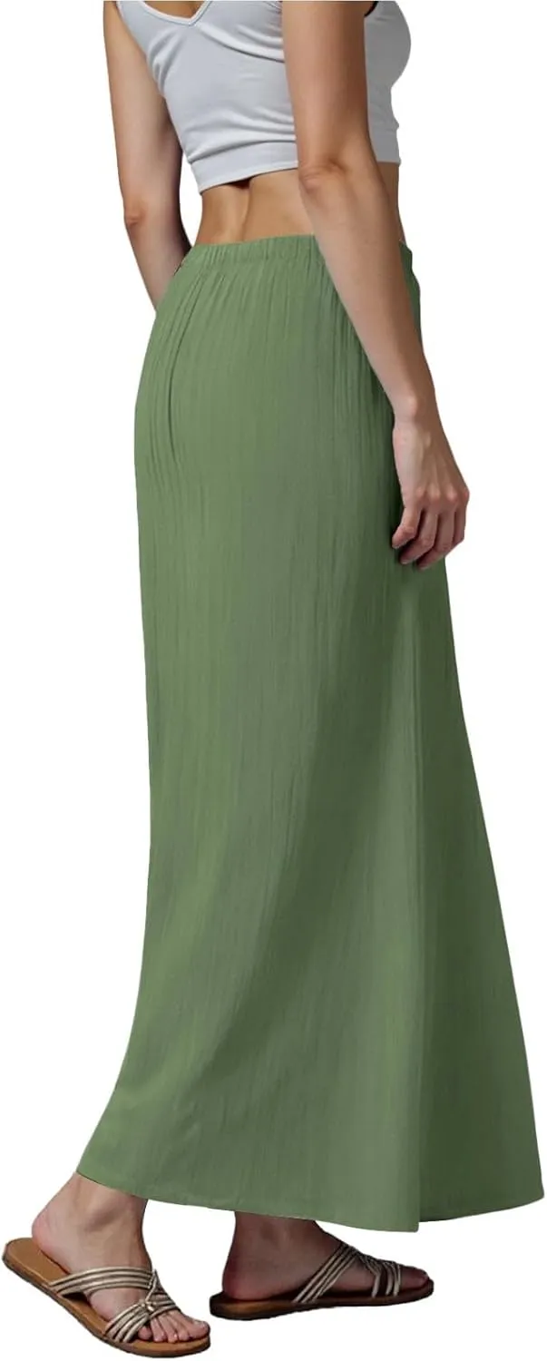 cooki Linen Flared Maxi Skirts for Women Trendy 2025 Vacation Summer Elastic Waist Drawstring Long Flowy Ankle-Length Skirt