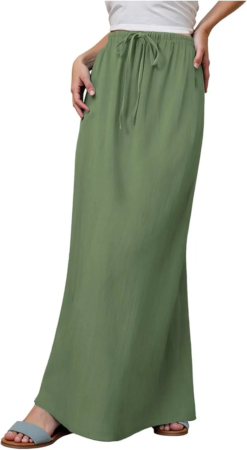 cooki Linen Flared Maxi Skirts for Women Trendy 2025 Vacation Summer Elastic Waist Drawstring Long Flowy Ankle-Length Skirt