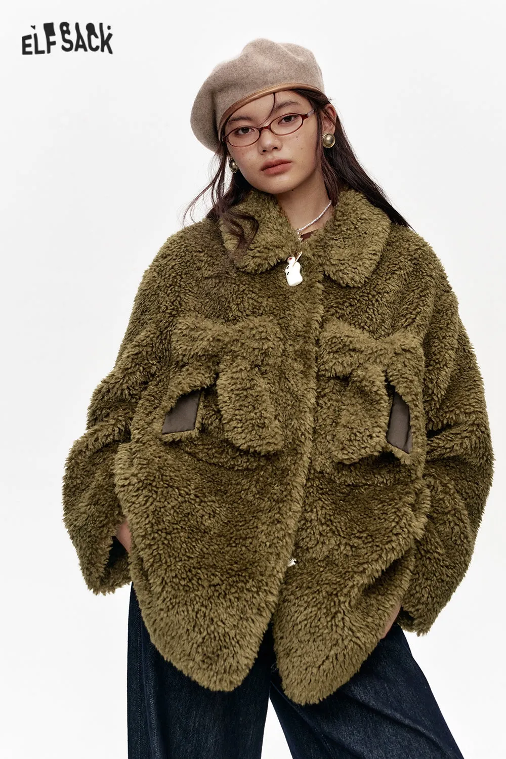 ELFSACK 2024 Winter New Arrivals Y2K Olive Bowknot Plush Thick Jacket Women