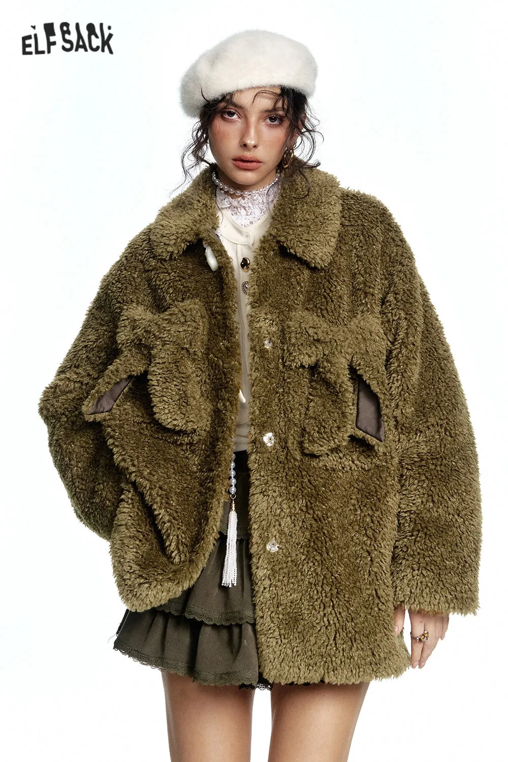 ELFSACK 2024 Winter New Arrivals Y2K Olive Bowknot Plush Thick Jacket Women