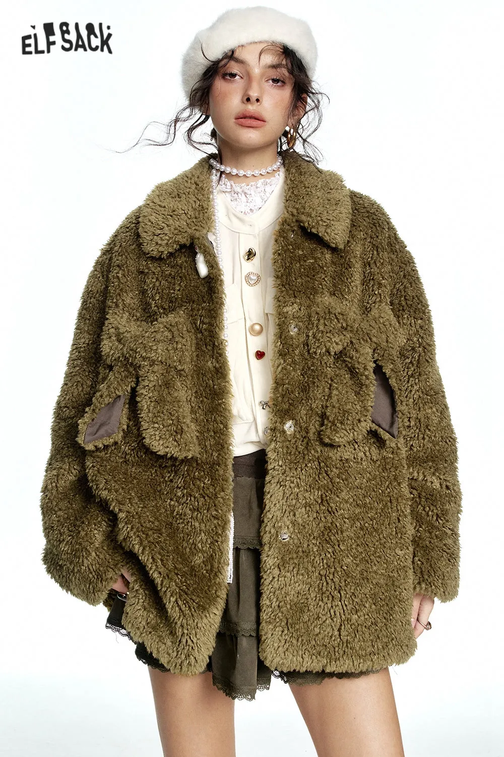 ELFSACK 2024 Winter New Arrivals Y2K Olive Bowknot Plush Thick Jacket Women
