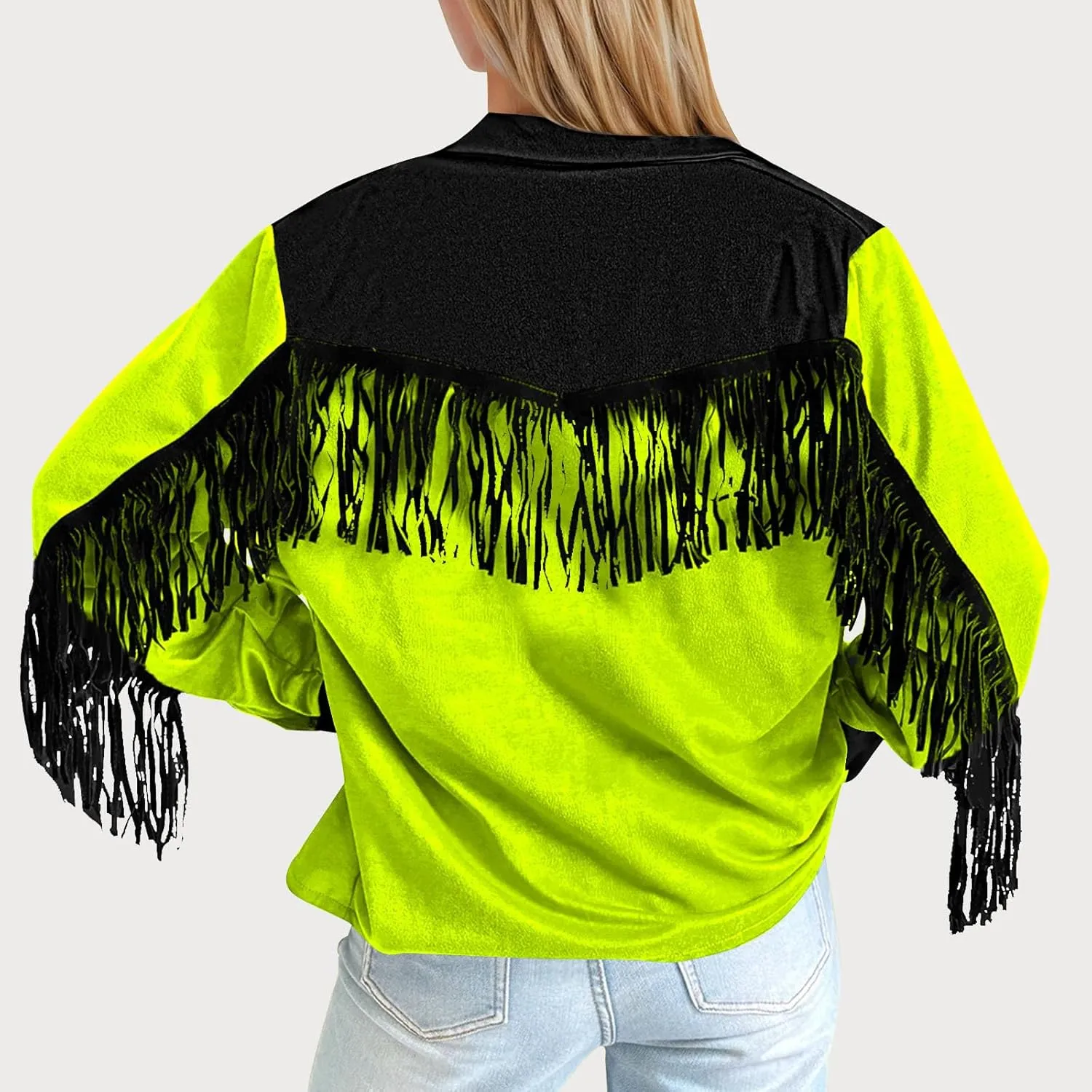 HGps8w Women's Fringe Jackets Fashion Color Block Tassel Motorcycle Cropped Coats Retro Cowgirl Cardigan Outerwear