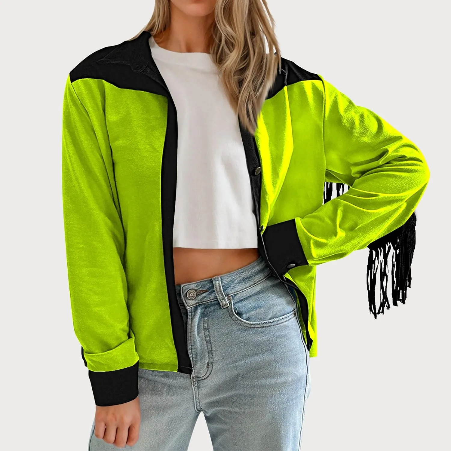 HGps8w Women's Fringe Jackets Fashion Color Block Tassel Motorcycle Cropped Coats Retro Cowgirl Cardigan Outerwear