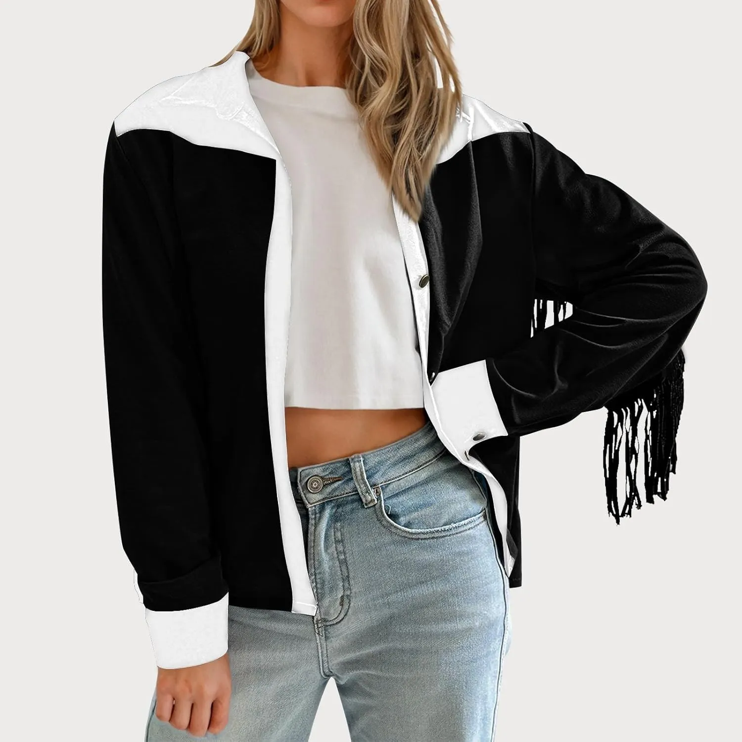 HGps8w Women's Fringe Jackets Fashion Color Block Tassel Motorcycle Cropped Coats Retro Cowgirl Cardigan Outerwear