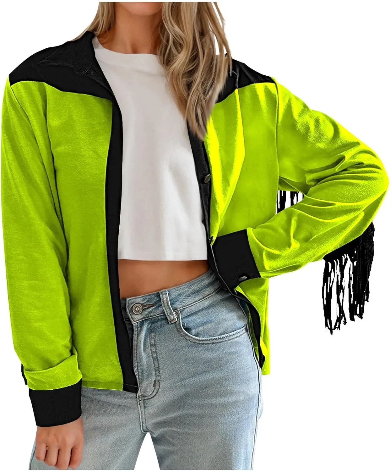 HGps8w Women's Fringe Jackets Fashion Color Block Tassel Motorcycle Cropped Coats Retro Cowgirl Cardigan Outerwear