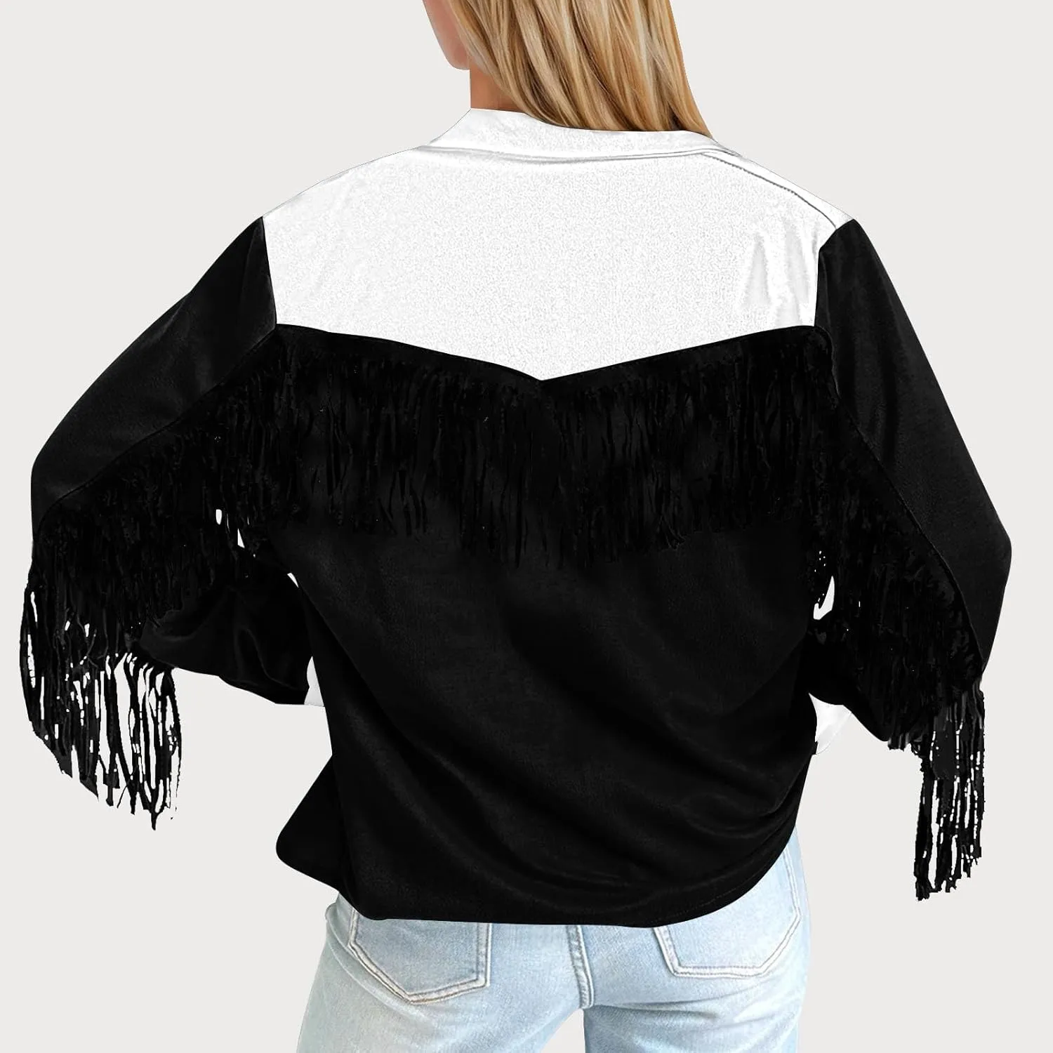 HGps8w Women's Fringe Jackets Fashion Color Block Tassel Motorcycle Cropped Coats Retro Cowgirl Cardigan Outerwear