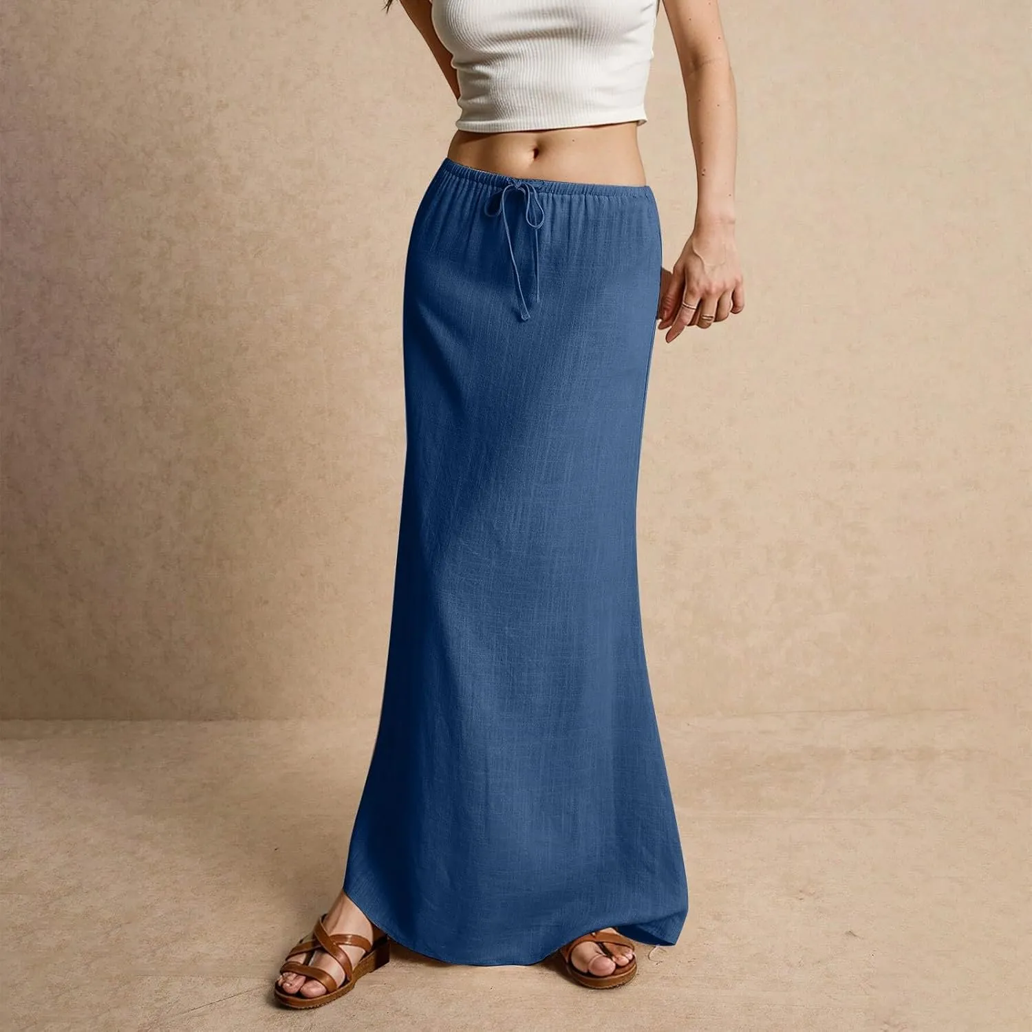 Linen Dresses for Women Cotton Linen Long Summer Casual Drawstring Low Waist Skirt Flowy Beach Vacation Boho