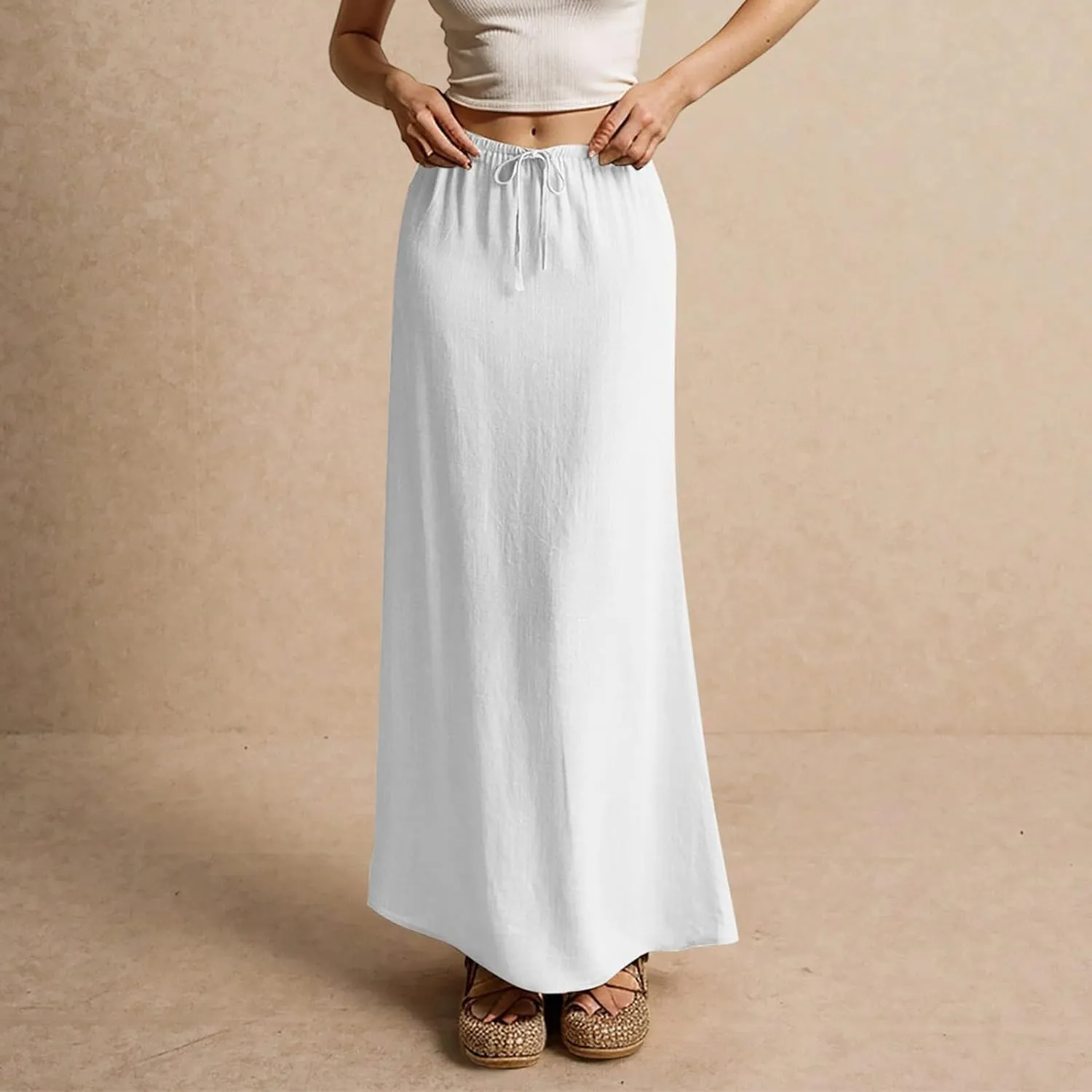 Linen Dresses for Women Cotton Linen Long Summer Casual Drawstring Low Waist Skirt Flowy Beach Vacation Boho