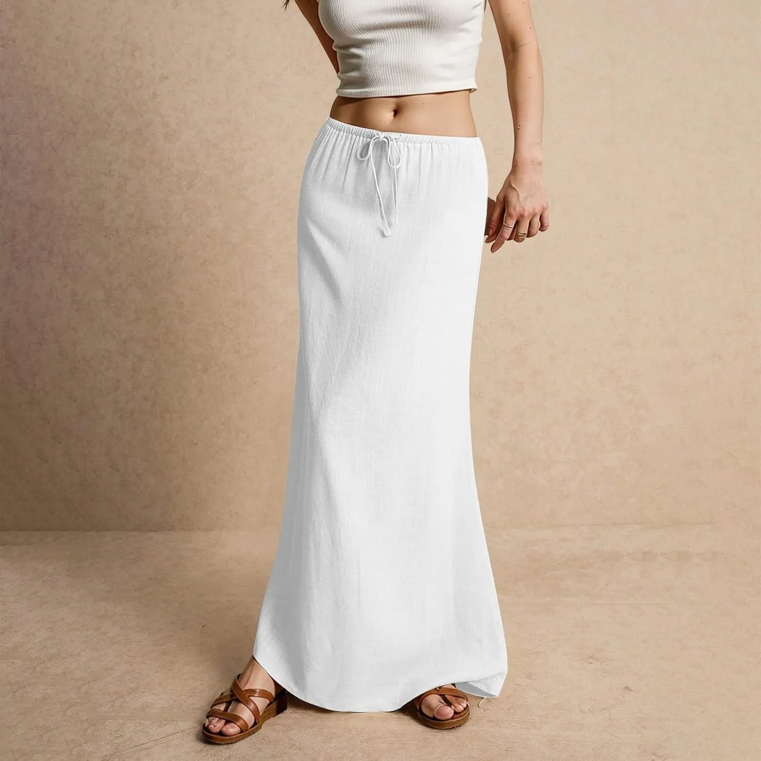 Linen Dresses for Women Cotton Linen Long Summer Casual Drawstring Low Waist Skirt Flowy Beach Vacation Boho