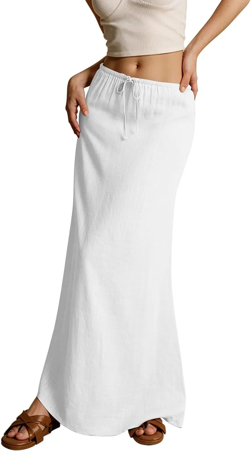 Linen Dresses for Women Cotton Linen Long Summer Casual Drawstring Low Waist Skirt Flowy Beach Vacation Boho
