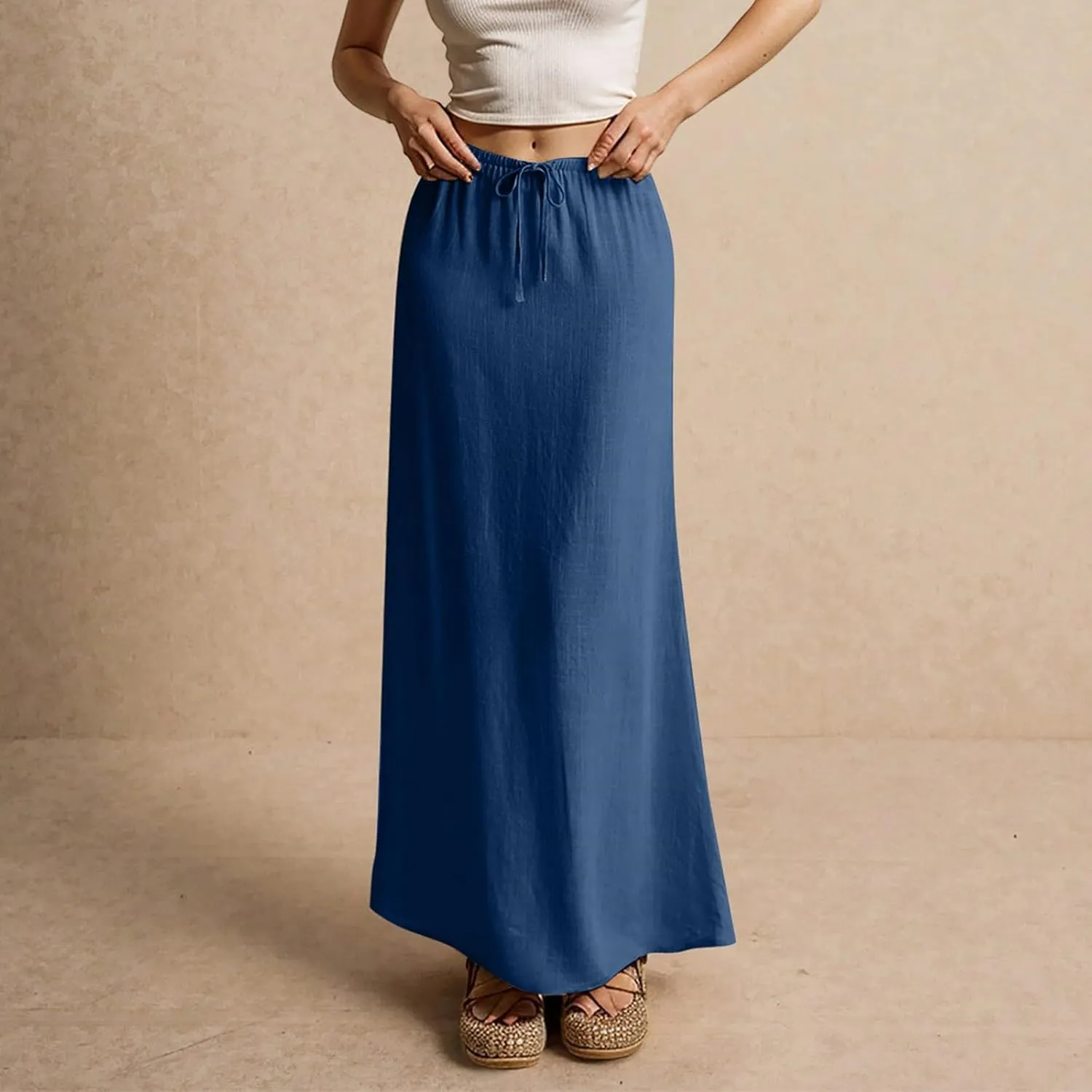 Linen Dresses for Women Cotton Linen Long Summer Casual Drawstring Low Waist Skirt Flowy Beach Vacation Boho