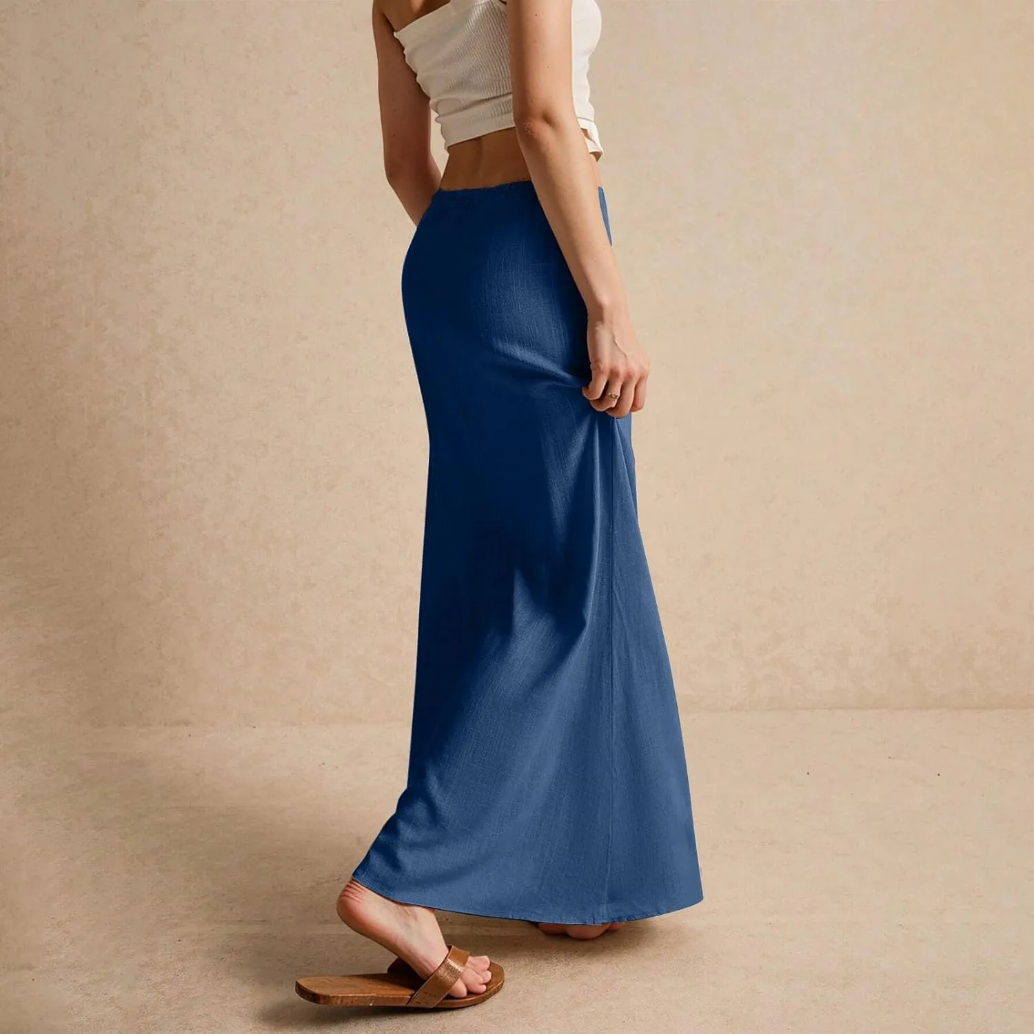 Linen Dresses for Women Cotton Linen Long Summer Casual Drawstring Low Waist Skirt Flowy Beach Vacation Boho