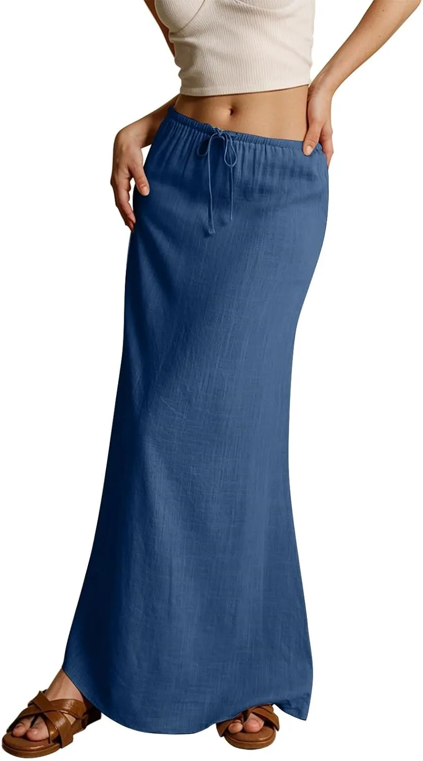 Linen Dresses for Women Cotton Linen Long Summer Casual Drawstring Low Waist Skirt Flowy Beach Vacation Boho