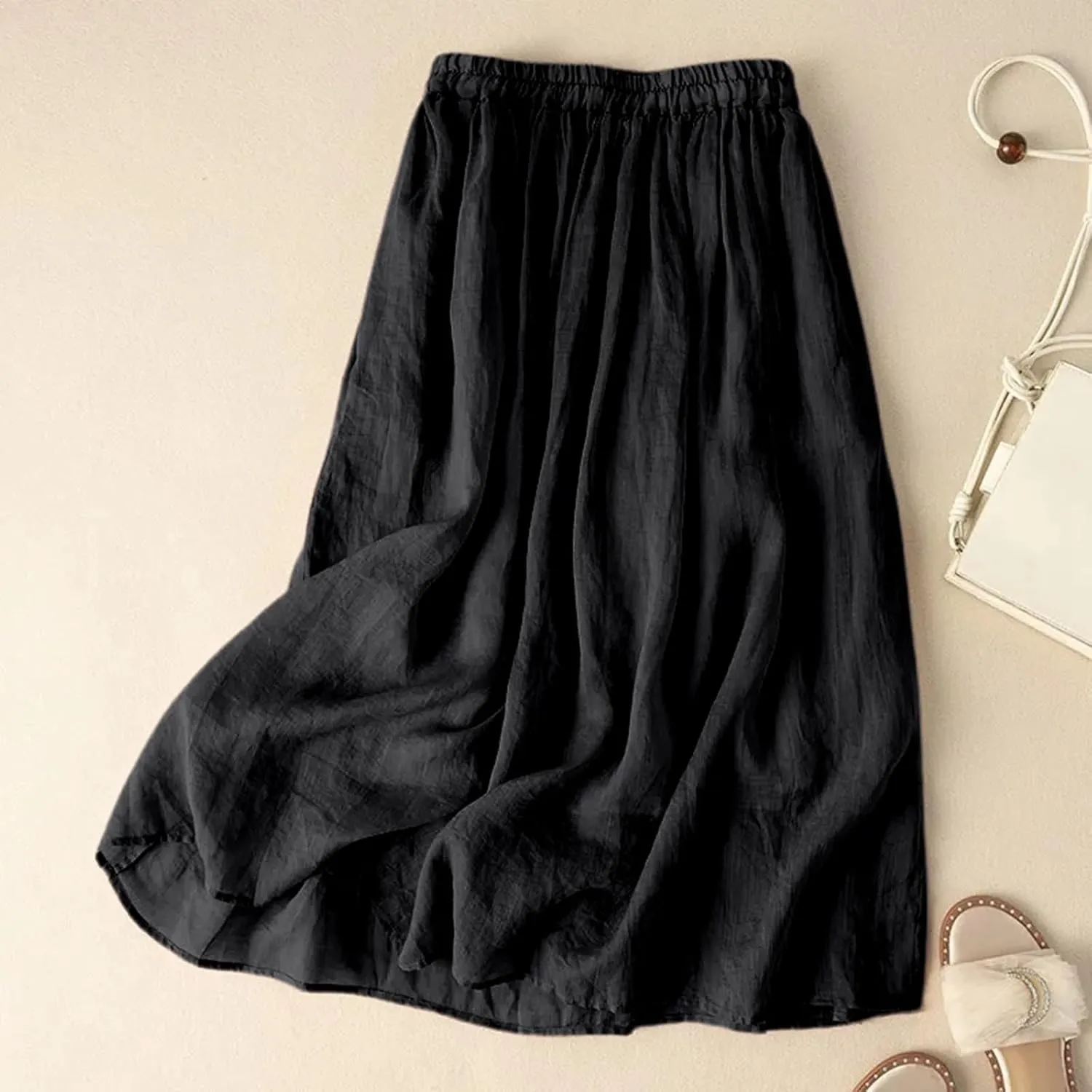 Linen Maxi Skirt for Women Flowy Elastic Waist Boho Long A-Line Skirts Peasant Summer Vacation Skirt 2025 Trendy