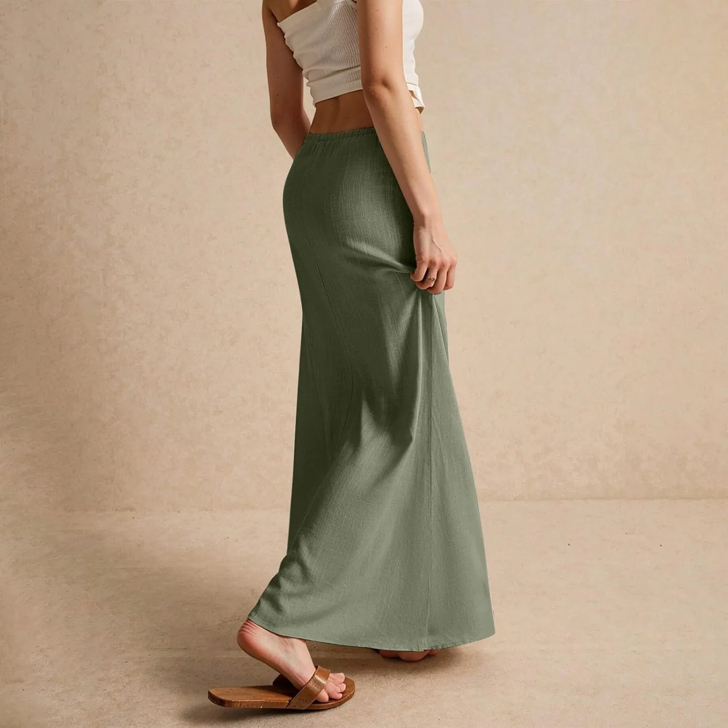 Linen Maxi Skirts for Women 2025 Summer Drawstring Waist A Line Skirts Vacation Trendy Comfy Boho Long Flowy Skirt
