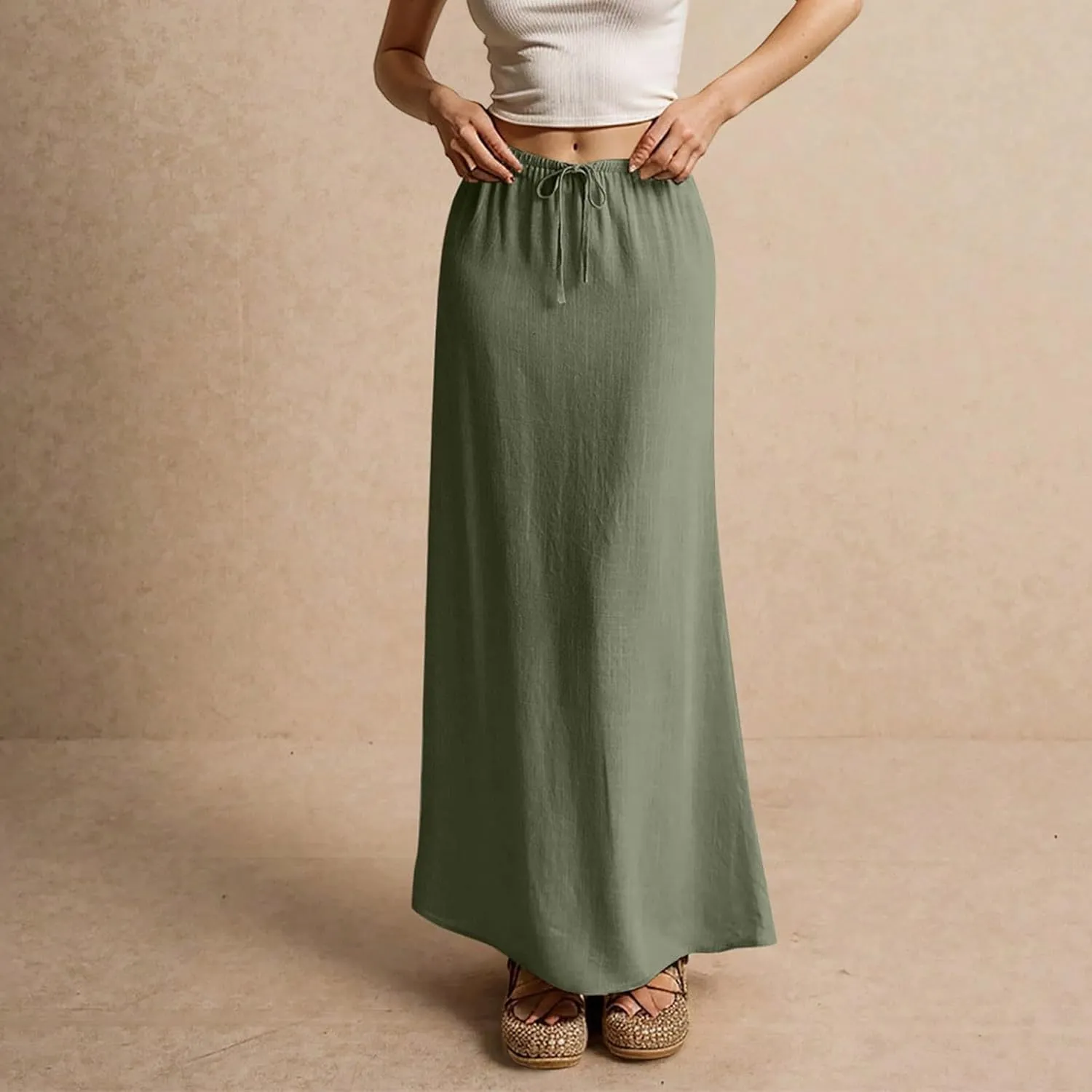 Linen Maxi Skirts for Women 2025 Summer Drawstring Waist A Line Skirts Vacation Trendy Comfy Boho Long Flowy Skirt