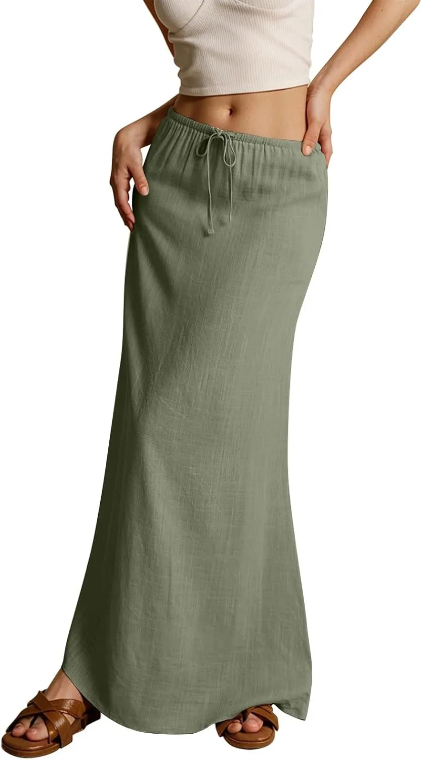 Linen Maxi Skirts for Women 2025 Summer Drawstring Waist A Line Skirts Vacation Trendy Comfy Boho Long Flowy Skirt