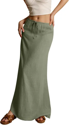 Linen Maxi Skirts for Women 2025 Summer Drawstring Waist A Line Skirts Vacation Trendy Comfy Boho Long Flowy Skirt