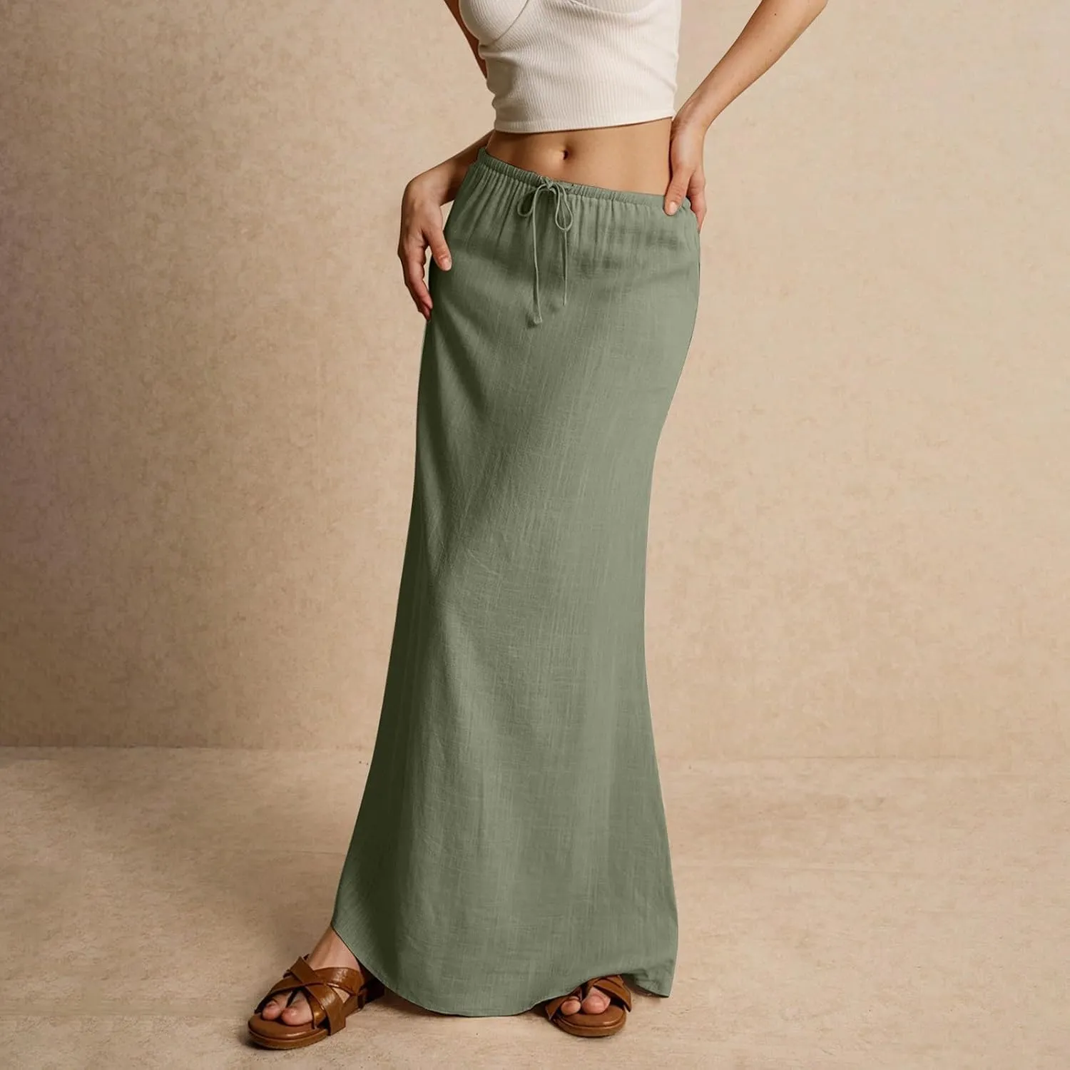 Linen Maxi Skirts for Women 2025 Summer Drawstring Waist A Line Skirts Vacation Trendy Comfy Boho Long Flowy Skirt